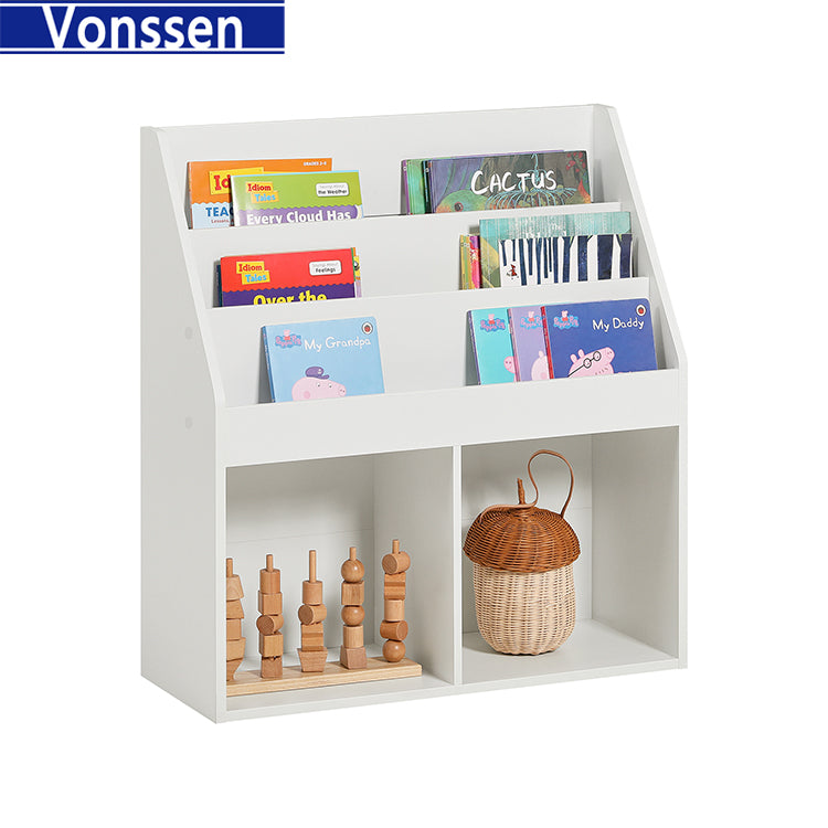 Vonssen Kids Bookshelf and Toy Organizer Toy Storage Chest and Bookcase with 3 Shelves Storage Box with Wheels Multipurpose for Children's Room and Playroom SI-80153