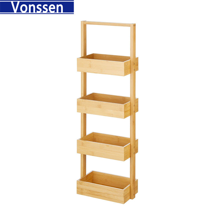 Vonssen Free-Standing 4-Tiered Shelf for Bathroom Wood Bamboo Storage Rack Room Decor Shelves Decorative Organizer Bins for Bath Towels Hand Soap and Toiletries VS1041200077