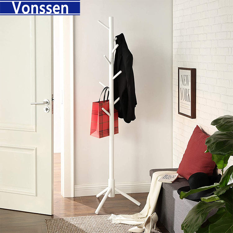 Vonssen Wooden Tree Coat Rack Stand with 8 Hooks Sturdy Freestanding Coat Rack Triangular Base Easy Assembly Free Standing Coat Hanger for Clothes Suits Hats VS1060400012