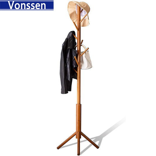 Vonssen Bamboo Coat Rack Freestanding Stand Tree Adjustable Coat with 3 Sections 8 Hooks Easy to Assemble Standing Coat Jackets Hanger for Bedroom Office Hallway Entryway Brown VS1060400021