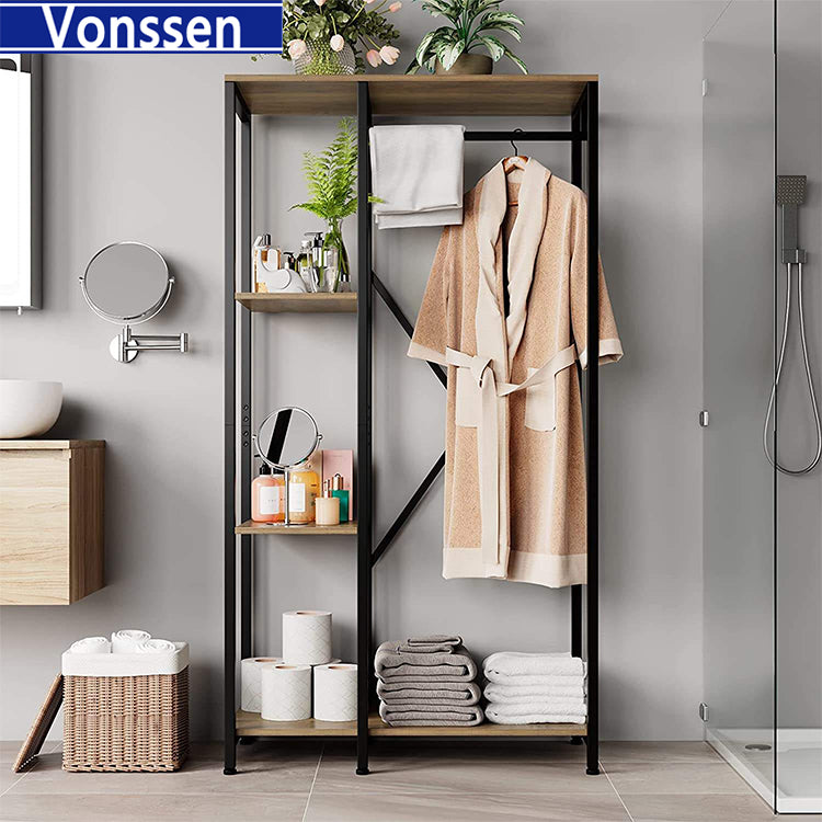 Vonssen Free-standing Closet Organzier Wood and Metal Garment Rack with Shelves and Hanging Rod Heavy Duty Clothing Rack for Bedroom Living Room Rustic Brown VS1060400020