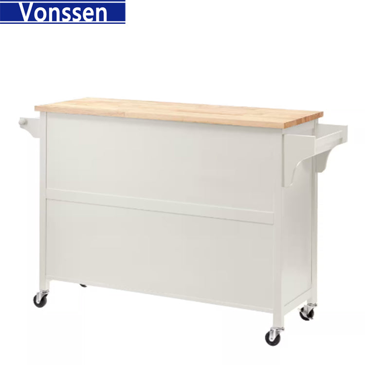 Vonssen White Rolling Kitchen Cart with Butcher Block Top and Double-Drawer Storage SI-20261