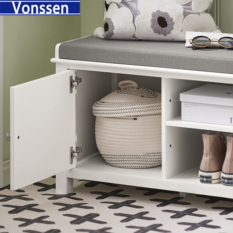 Vonssen White Storage Bench with 2 Doors Shelf Removable Seat Cushion Shoe Cabinet SI-20342