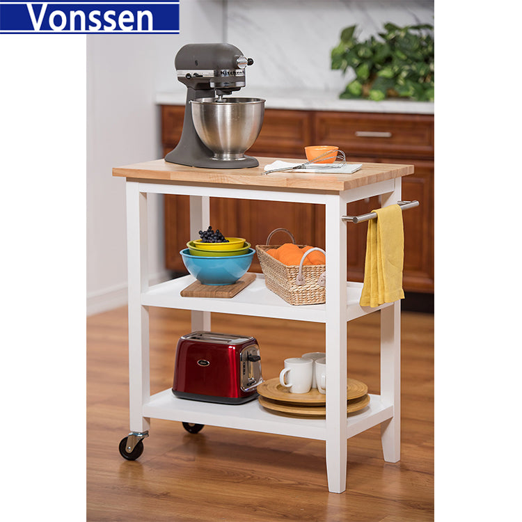 Vonssen Rolling Kitchen Trolley with Drawer Serving Trolley Wood White SI-20333