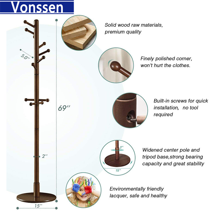 Vonssen Coat Racks Free Standing Coat Rack Solid Rubber Wood Free Standing 11 Hooks Coat Tree Entryway Standing for Clothes Hats Handbags Wood VS1060400006