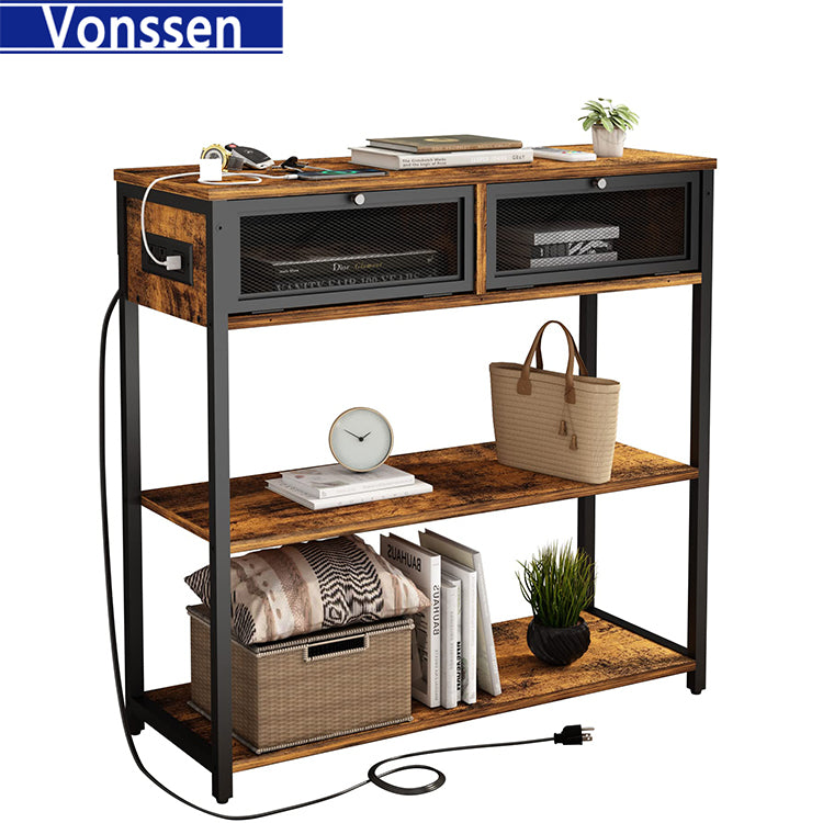 Vonssen Console Table with Charging Station Entryway Table with Doors Sofa Table Narrow Long with 3 Tiers Open Wood Storage Shelves VS1010400123