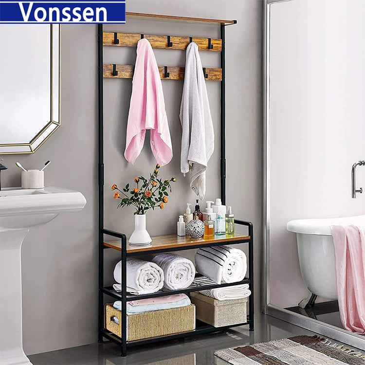 Vonssen 3-in-1 Hall Tree Coat Rack Shoe Bench with 9 Hooks and Storage Shelf Industrial Entryway Storage Shelf Bench Easy Assembly Rustic Brown VS1060400016