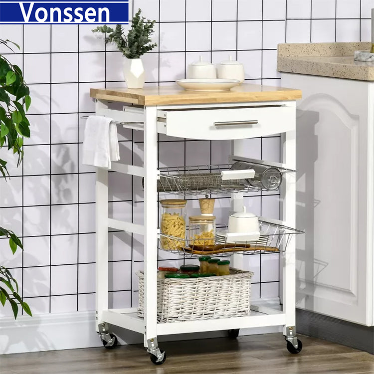 Vonssen Kitchen Trolley with Folding Top Country Style 3 Baskets Knife Block Bottle Rack Butler White MDF SI-20224