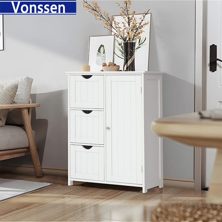 Vonssen Bathroom Floor Cabinet Wooden Storage Cabinet with 1 Door & 3 Drawer Free Standing Entryway Cupboard Spacesaver Cabinet VS1011100110 --