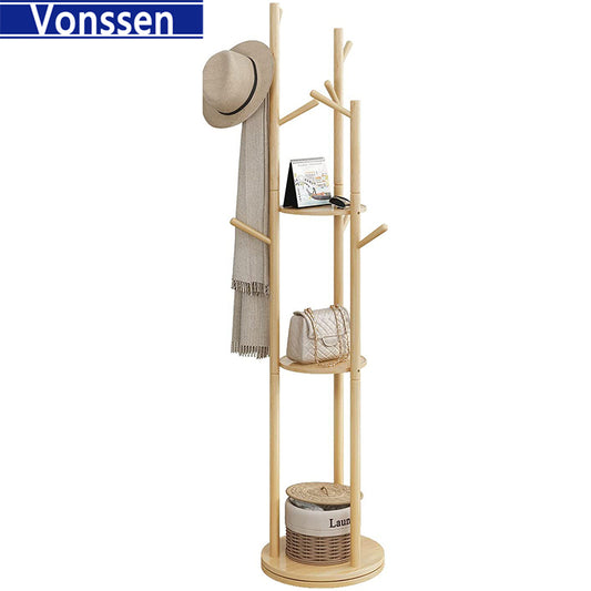 Vonssen Coat Rack Stand Clothes Rack Stand Wooden Rotated 3 Tier Shelf Strong Load Bearing Hallway Entryway Closet Bedroom for Hang Clothes Hat Handbag Purses Shoe Storage VS1060400013