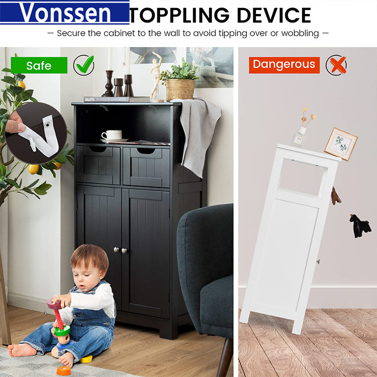 Vonssen Bathroom Cabinet Storage Cabinet with 2 Glass Doors 2 Shutter Doors Free Standing Floor Cabinet with 4 Shelves  SI-80143