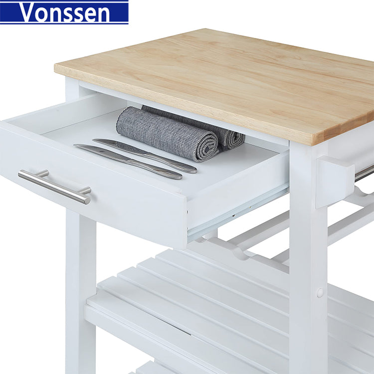 Vonssen White Multipurpose Utility Cart,Butcher Block Kitchen Island on Wheels with Drawer, Farmhouse Islands with Storage Shelf for Small Places SI-20262