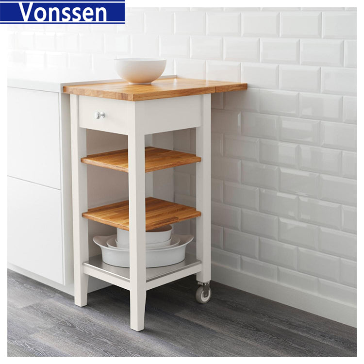 Vonssen Rolling Kitchen Cart Portable Kitchen Island Wood Top Kitchen Trolley with Drawers and Two-Tier Open Shelf Towel Rack SI-20119