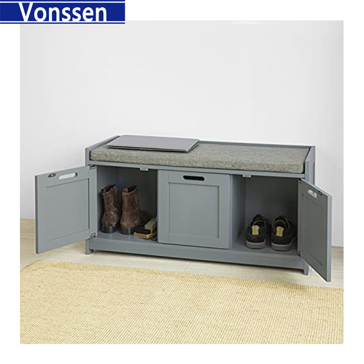 Vonssen 3 Seater Wooden Padded Shoe Bench Seat Cabinet Organiser Storage Drawers SI-20168