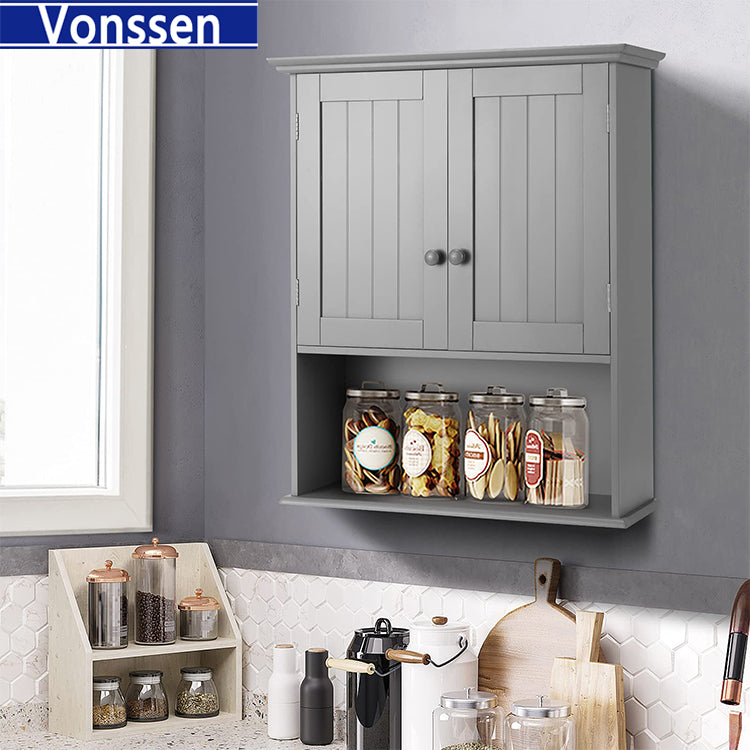 Vonssen Mobili Bathroom Wall Cabinet Mdf White 2 Doors 1 Shelf Hanging Makeup Dispenser SI-80144