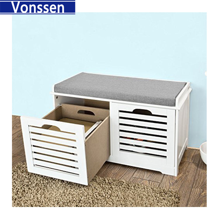 Vonssen White Storage Bench with 2 Drawers Removable Seat Cushion Shoe Cabinet Shoe Bench SI-20166