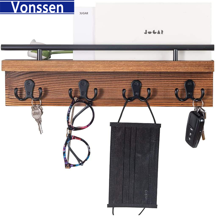 Vonssen Entryway Floating Shelf Wall Mounted Wood Key Holder Decorative Rustic Mail and Wallet Organizer with Vintage Hooks Small Wooden Hanger for Hanging Coat and Leash VS1011400069