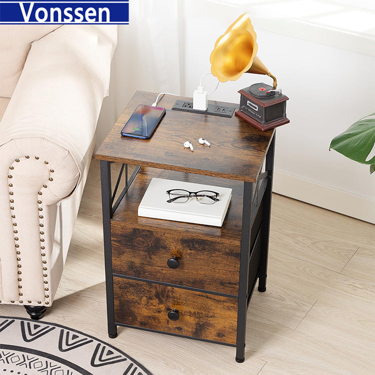 Vonssen End Table Living Room with Charging Station Side Table with Fabric Drawer Small Side Table with USB Ports and Outlets VS1010400140