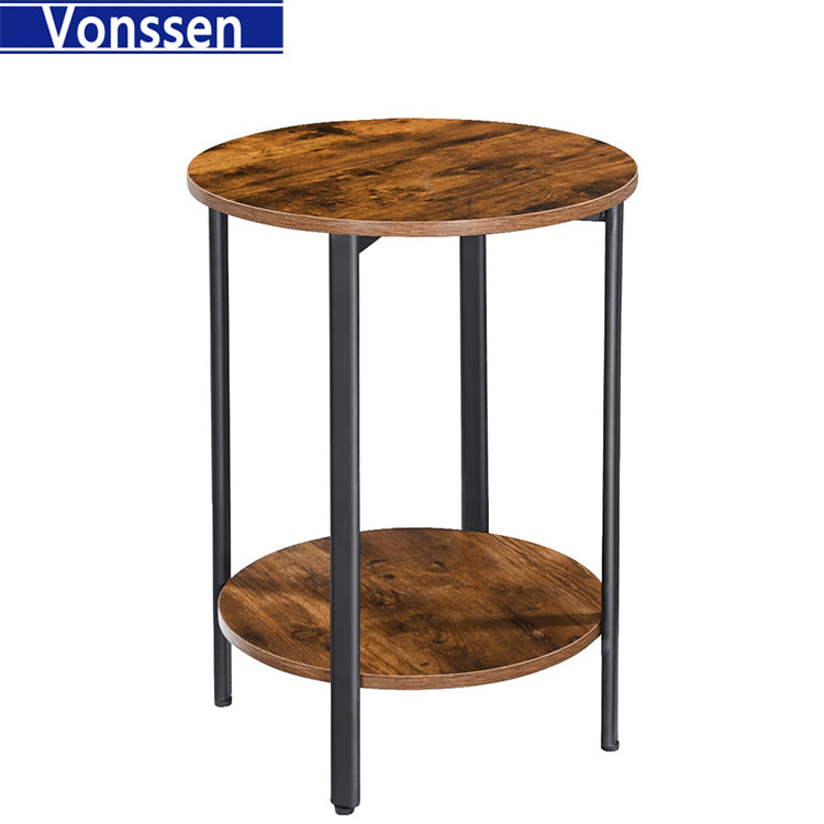 Vonssen Round Sofa Side End Tables 2-Tier Industrial Bedside Nightsand Tables Steel Frame MDF for Small Spaces Living Room Bedroom VS1010500023--