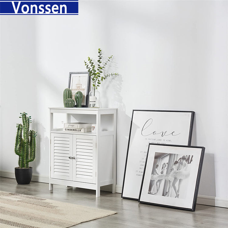 Vonssen Bathroom Floor Cabinets Freestanding Storage Cabinet with Shelves and Shutter Doors Small Wooden Cupboard White Side Cabinet  SI-80145