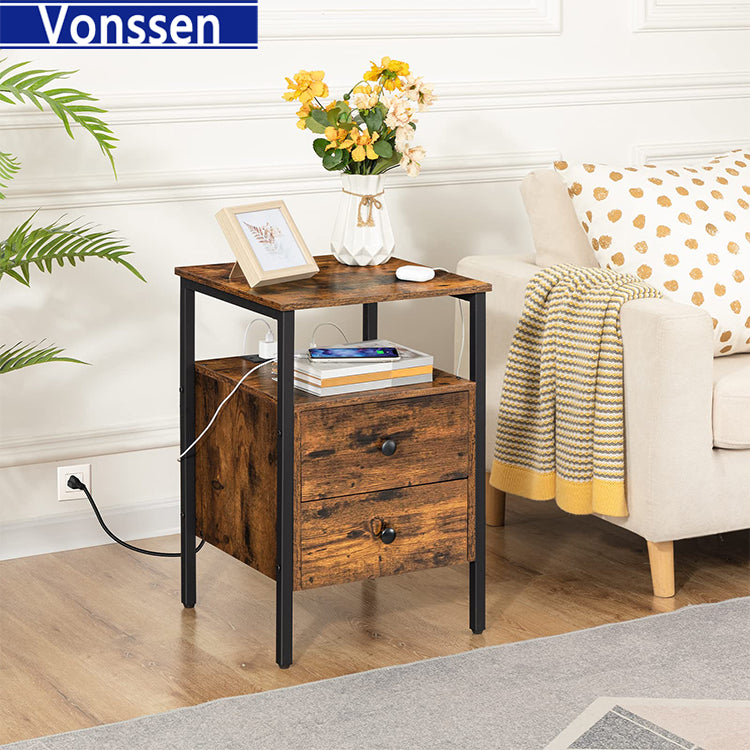 Vonssen End Table with Charging Station Bedside Table with 2 Drawer USB Ports Power Outlets Nightstand for Small Spaces Stable and Sturdy VS1010400218 --