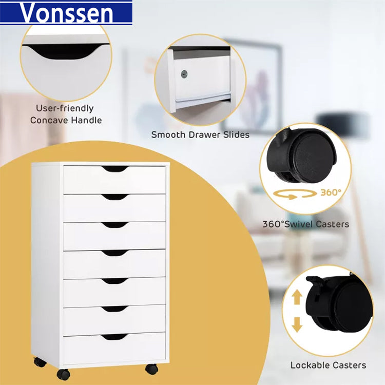 Vonssen Dressers Storage Cabinets Wooden Dresser White Mobile Cabinet with Wheels Room Organizer Rolling Small Drawers Wood Organization Furniture for Office SI-20051