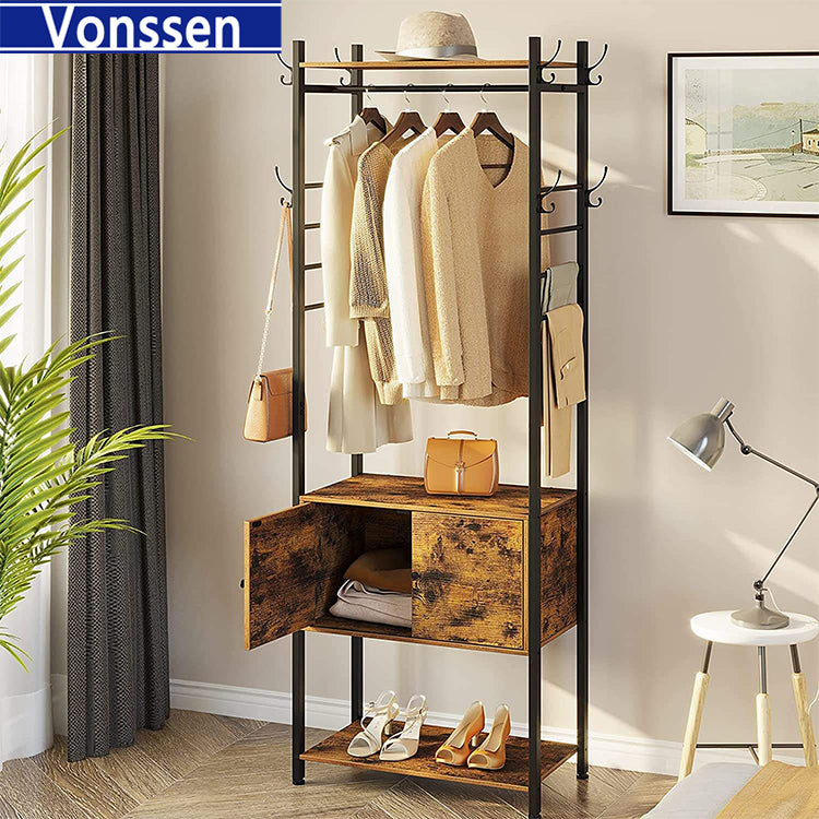 Vonssen Hall Tree with Shelf and Storage Cabinet Entryway Bench with 4 Side Hooks VS1060400007