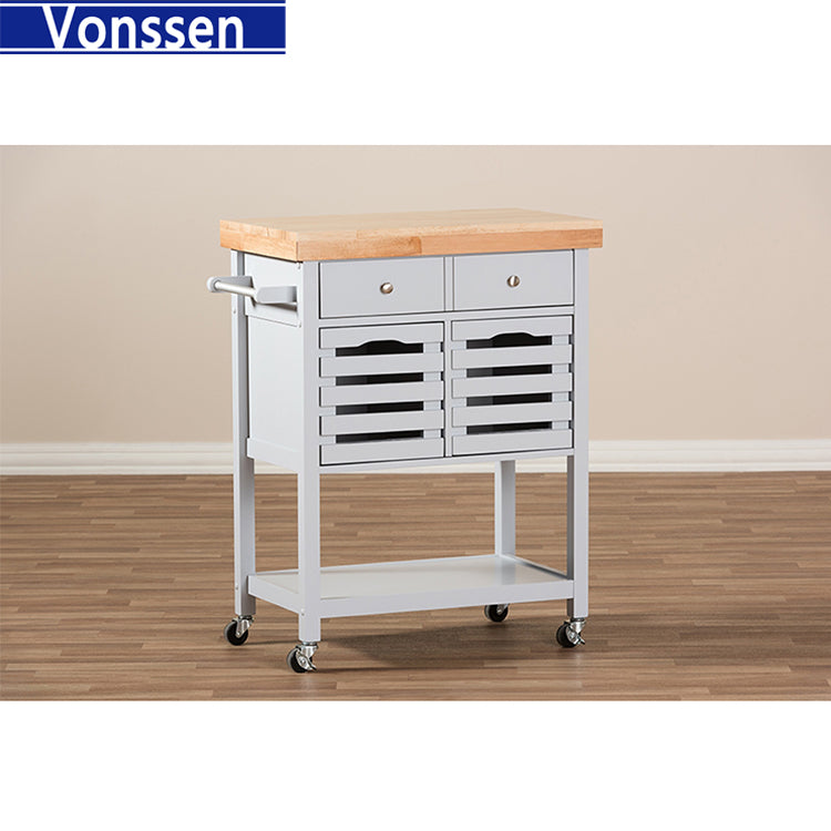 Vonssen Wooden Kitchen Trolley Top Island Dining Cart Worktop Basket Storage SI-20268