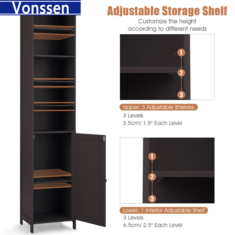 Vonssen Tall Cabinet WATERJOY Standing Tall Storage Cabinet Wooden White Bathroom Cupboard with Door and 5 Adjustable Shelves Elegant and Space-Saving SI-80148