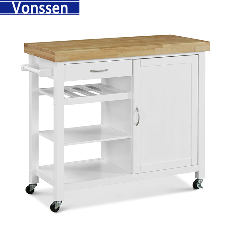 Vonssen Kitchen Island Cart Rolling Serving Cart Wood Trolley with Drawer Storage Cabinet Wine Bottle Rack Towel Rack and Lockable Wheels SI-20070