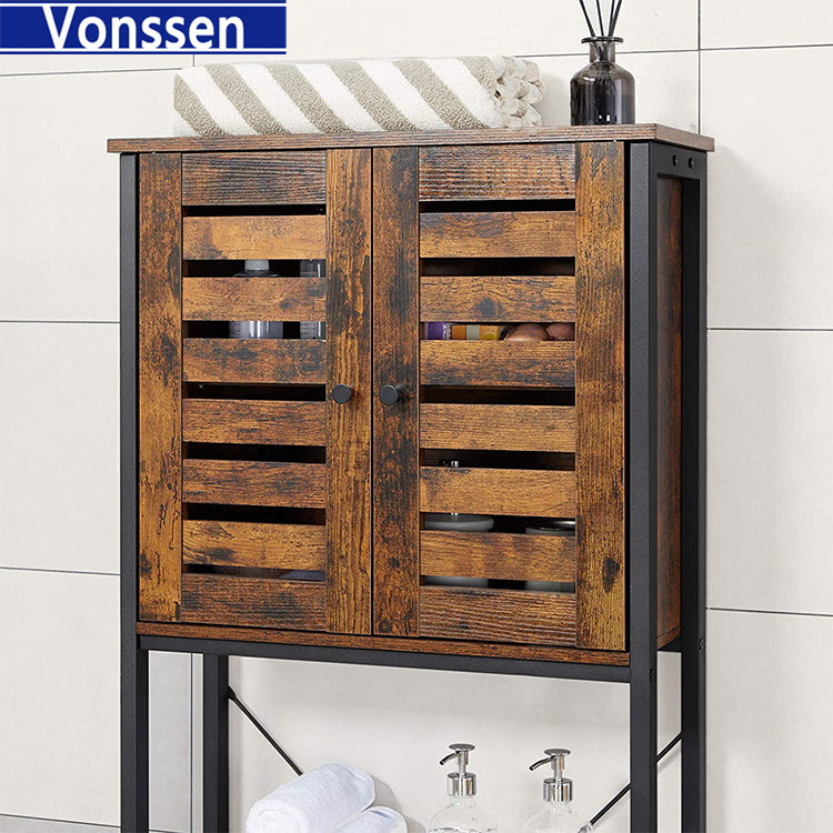 Vonssen Over-The-Toilet Storage Bathroom Organizer Cabinet with Cupboard and Shelf Steel Frame Easy Assembly Industrial Rustic Brown and Black VS1040700001