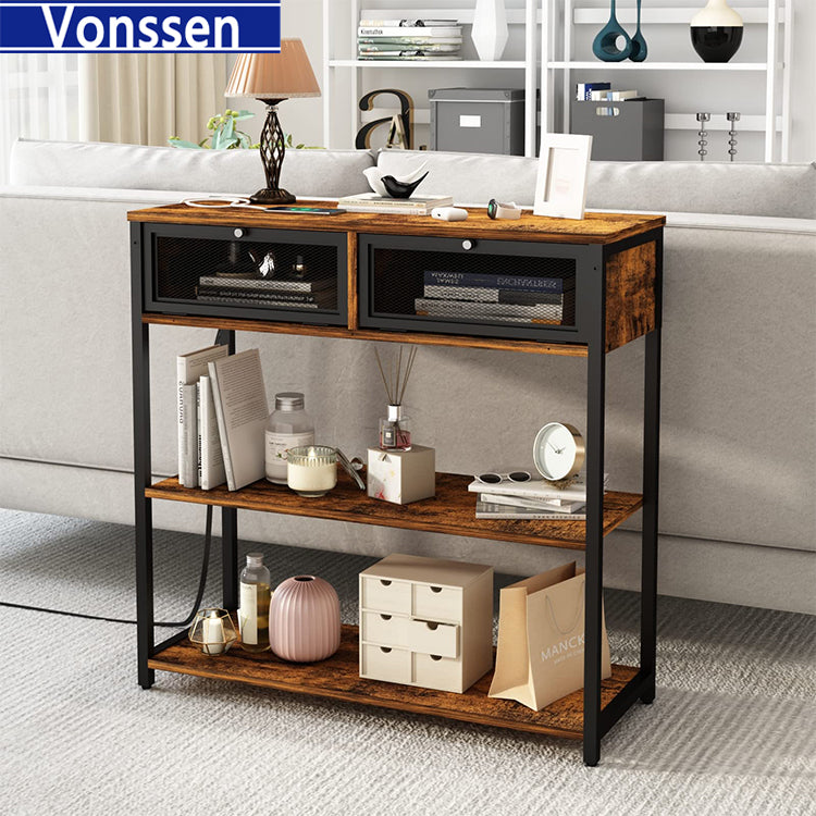 Vonssen Console Table with Charging Station Entryway Table with Doors Sofa Table Narrow Long with 3 Tiers Open Wood Storage Shelves VS1010400123