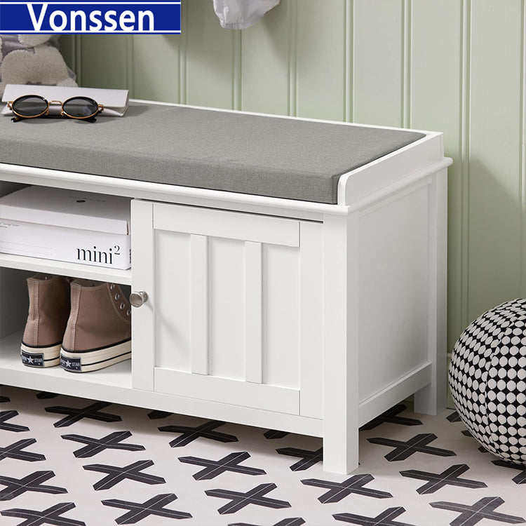 Vonssen White Storage Bench with 2 Doors Shelf Removable Seat Cushion Shoe Cabinet SI-20342