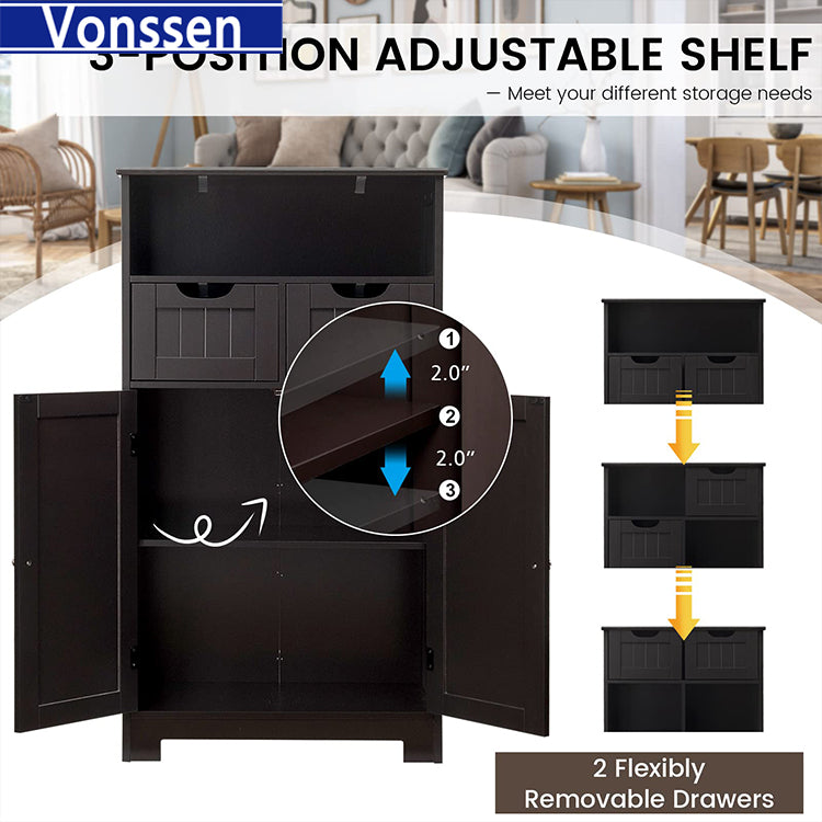 Vonssen Bathroom Cabinet Storage Cabinet with 2 Glass Doors 2 Shutter Doors Free Standing Floor Cabinet with 4 Shelves  SI-80143