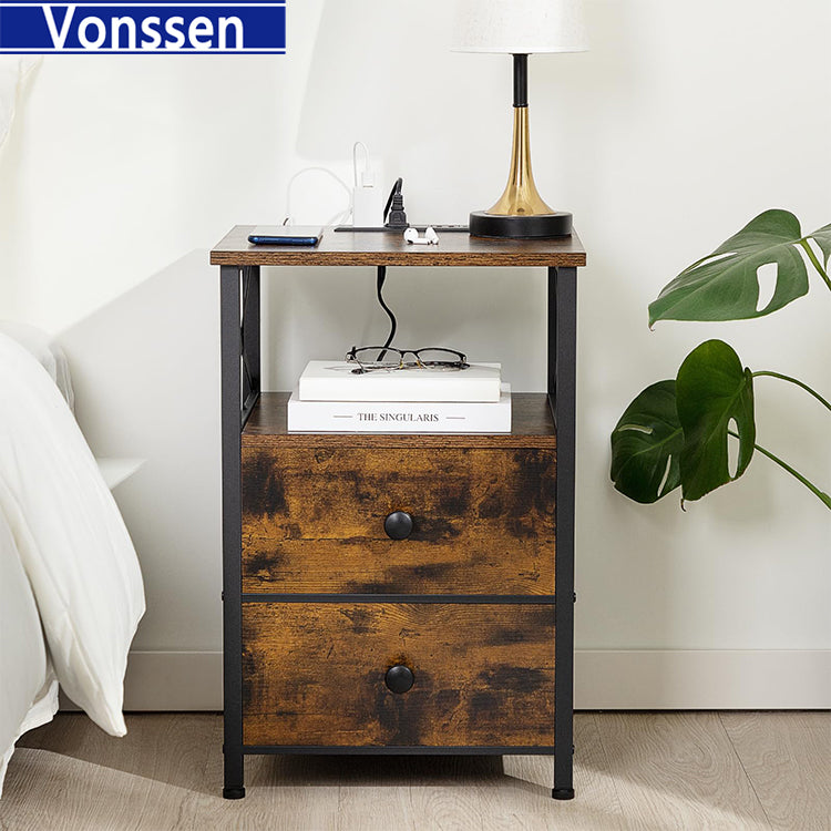 Vonssen End Table Living Room with Charging Station Side Table with Fabric Drawer Small Side Table with USB Ports and Outlets VS1010400140