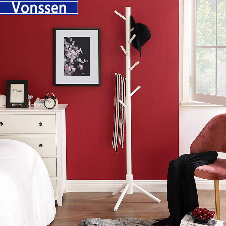 Vonssen Wooden Tree Coat Rack Stand with 8 Hooks Sturdy Freestanding Coat Rack Triangular Base Easy Assembly Free Standing Coat Hanger for Clothes Suits Hats VS1060400012