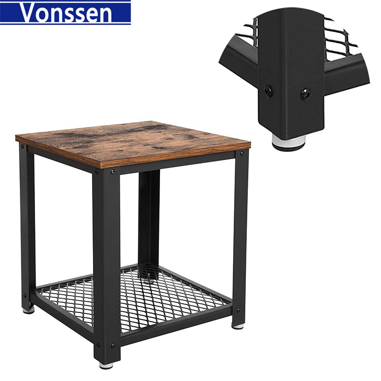 Vonssen End Table 2-Tier Nightstands Side Table Night Stand Bedside Desk for Small Space in Living Room Bedroom Steel Frame Chestnut Brown and Black SI-30172