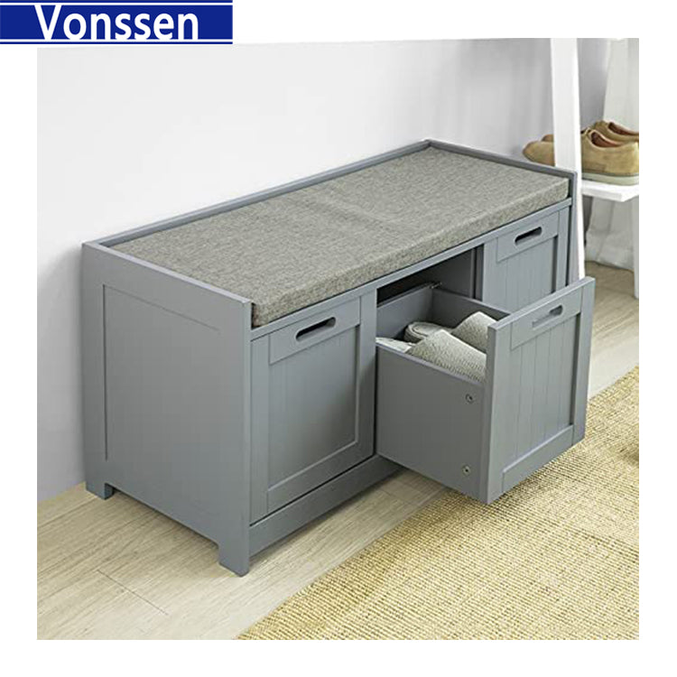 Vonssen 3 Seater Wooden Padded Shoe Bench Seat Cabinet Organiser Storage Drawers SI-20168