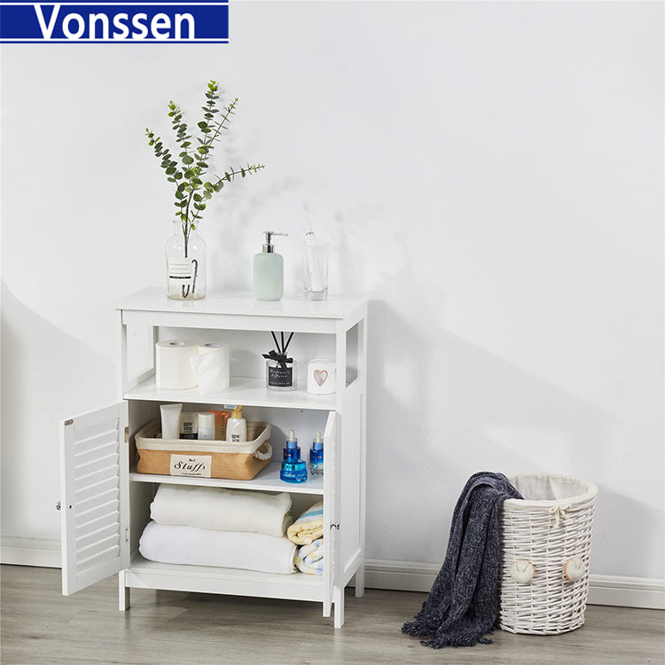 Vonssen Bathroom Floor Cabinets Freestanding Storage Cabinet with Shelves and Shutter Doors Small Wooden Cupboard White Side Cabinet  SI-80145