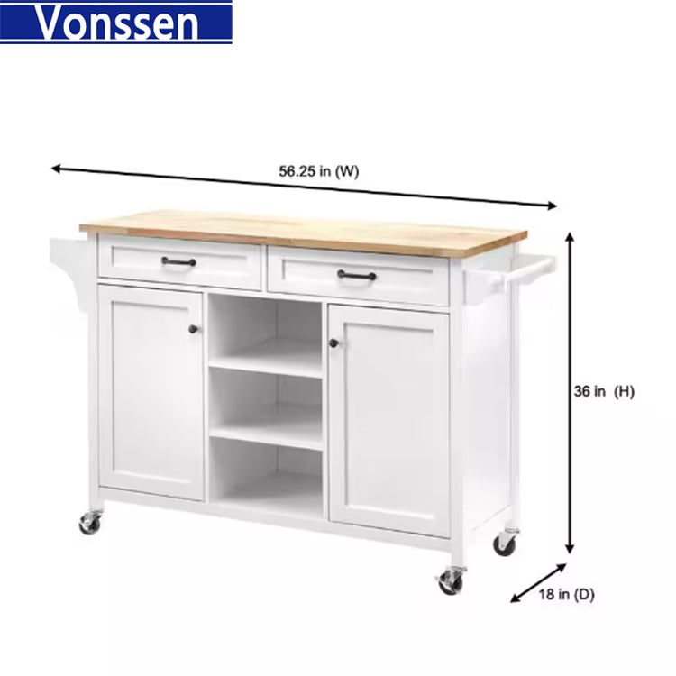 Vonssen White Rolling Kitchen Cart with Butcher Block Top and Double-Drawer Storage SI-20261