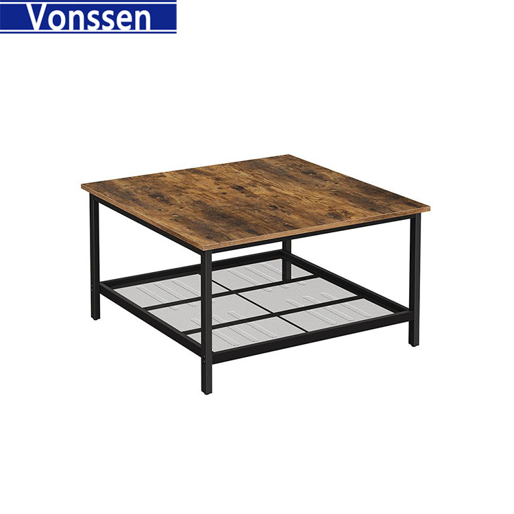 Vonssen Coffee Table Square Cocktail Table with Spacious Table Top Robust Steel Frame and Mesh Storage Shelf Industrial Style for Living Room Rustic Brown and Black SI-30171