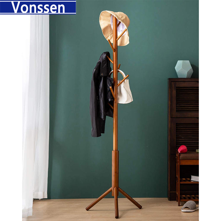 Vonssen Bamboo Coat Rack Freestanding Stand Tree Adjustable Coat with 3 Sections 8 Hooks Easy to Assemble Standing Coat Jackets Hanger for Bedroom Office Hallway Entryway Brown VS1060400021