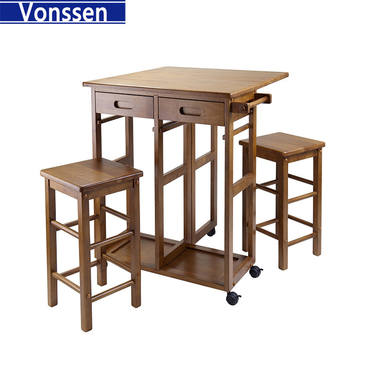 Living Set of 3 Teak Elegant Suzanne Space Saver Set with 2 Square Seat Stools, 32.75" SI-10007