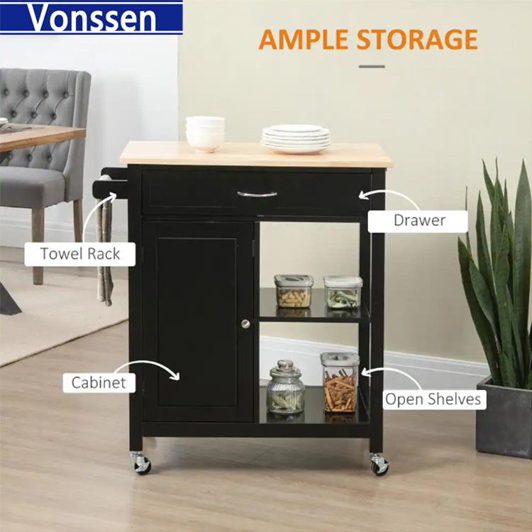 Vonssen Small Kitchen Island Cart with Storage Drawers and Shelves Kitchen Cart on Wheels Accent Cabine with Wood Countertop and Spice Rack for Kitchen Room SI-50058