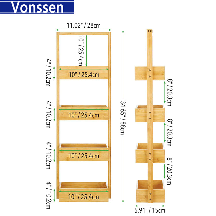 Vonssen Free-Standing 4-Tiered Shelf for Bathroom Wood Bamboo Storage Rack Room Decor Shelves Decorative Organizer Bins for Bath Towels Hand Soap and Toiletries VS1041200077