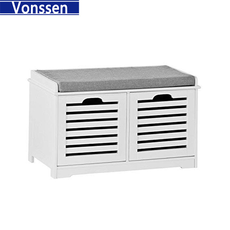 Vonssen White Storage Bench with 2 Drawers Removable Seat Cushion Shoe Cabinet Shoe Bench SI-20166