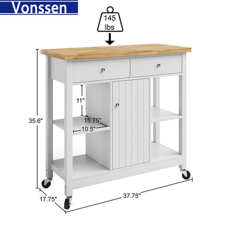 Vonssen Home Kitchen Island with Drawers – Rolling Cart with Locking Casters – Use as Coffee Bar, Microwave Stand, or Shelves for Storage  SI-80058