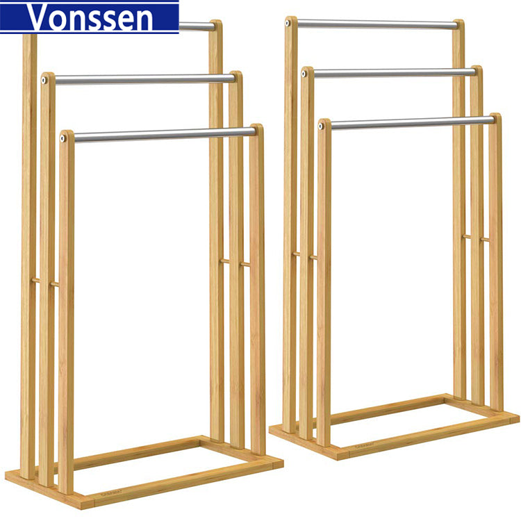 Vonssen Towel Holder Freestanding with 3 Towel Rail Towel Stand for Bathroom Wood Stainless Steel VS10412000803