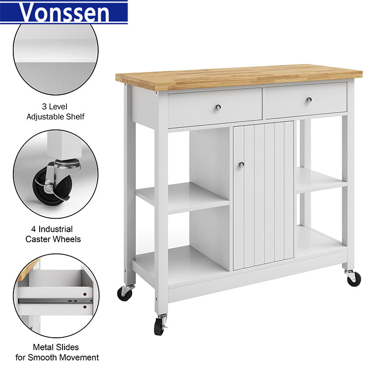 Vonssen Home Kitchen Island with Drawers – Rolling Cart with Locking Casters – Use as Coffee Bar, Microwave Stand, or Shelves for Storage  SI-80058