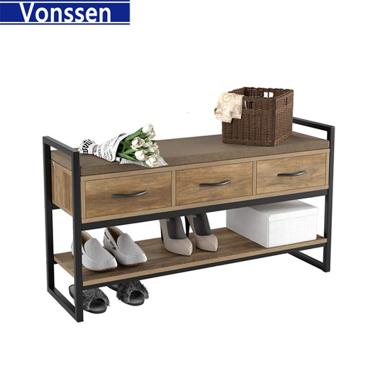 Vonssen  Shoe Bench Rack with Removable Cushion 2 Tier Shoe Bench with 3 Fabric Drawer for Entryway Bedroom Living Room Hallway Cherry VS1060200029